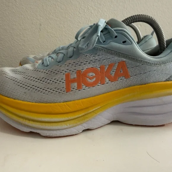 Hoka bondi 8 Women's Light Blue and Yellow Athletic Shoes - Picture 4 of 11